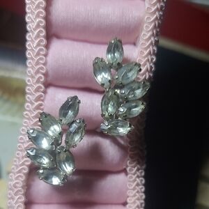 Vintage 60s Rhinestone Leaf Earrings